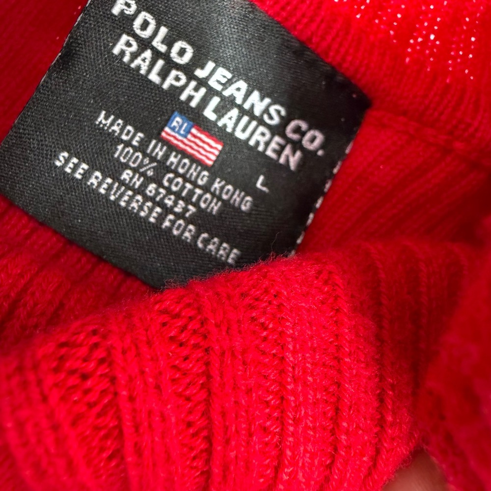 Vintage Polo Jeans Co Ralph Lauren Red Ribbed Turtleneck Sweater Flag Patch L - Picture 3 of 5